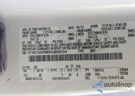 2013 Ford Escape Sel z USA, uszkodzony, nr VIN 1FMCU0H98DUB05934